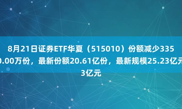 8月21日证券ETF华夏（515010）份额减少3350.00万份，最新份额20.61亿份，最新规模25.23亿元