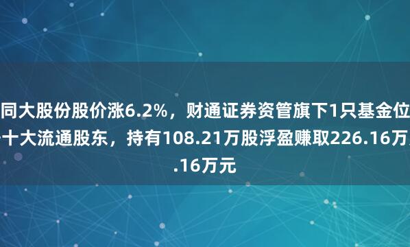 同大股份股价涨6.2%，财通证券资管旗下1只基金位居十大流通股东，持有108.21万股浮盈赚取226.16万元