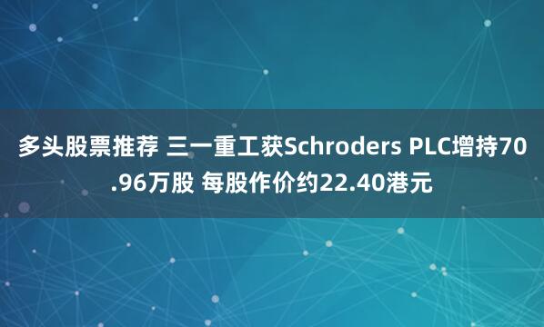 多头股票推荐 三一重工获Schroders PLC增持70.96万股 每股作价约22.40港元